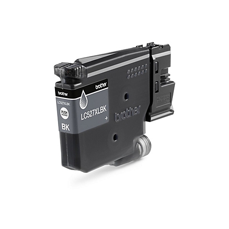 Schwarze Brother LC527XLBK Tintenpatrone vor neutralem Hintergrund.
