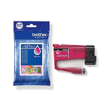 Brother LC527XLM Magenta Tintenpatrone neben ihrer blauen Verpackung auf weißem Hintergrund.