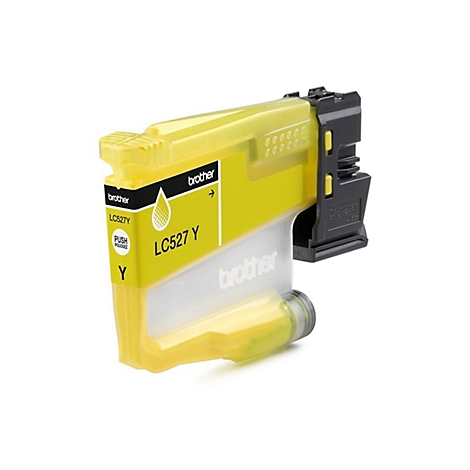 Gelbe Brother Tintenpatrone LC527Y mit Aufschrift. Auf weißem Hintergrund. Schwarzer Halter.