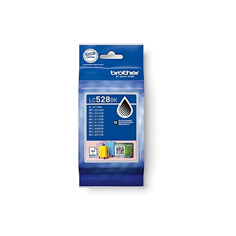 Blaue Brother LC528BK Tintenpatronen-Verpackung mit Typenbezeichnung und Druckerkompatibilitätsliste.