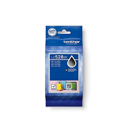 Schwarze Brother Tintenpatrone LC528BK. Blaue Verpackung, Logo, Produktbezeichnung, und technische Daten.