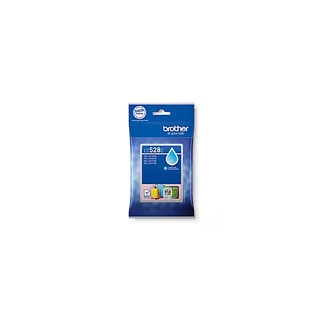 Blisterverpackung mit Tintenpatrone von Brother; blaues Etikett mit Bezeichnung LC528C und Wassertropfen.
