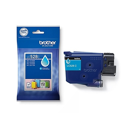 Ein blaue Brother Druckerpatrone LC528C und ihre Verpackung. Aufdrucke: Logo, Modellnummer, Tintenfarbe und weitere Angaben.
