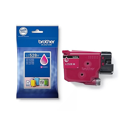 Produktabbildung einer Magenta-Tintenpatrone Brother LC528M. Aufdruck "Original Supplies" und "Brother at your side".
