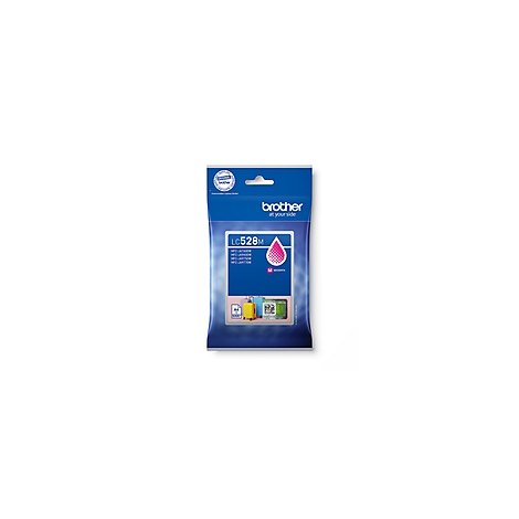 Verpackung einer magenta Brother Tintenpatrone LC528M auf weißem Hintergrund.