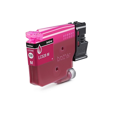 Magenta Tintenpatrone von Brother, LC528M, mit Produkt- und Markenbeschriftungen auf weißem Hintergrund.