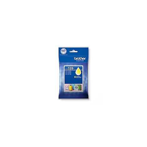 Gelbe Tintenpatrone LC528Y in blauer Verpackung, mit Logo und Schriftzug.