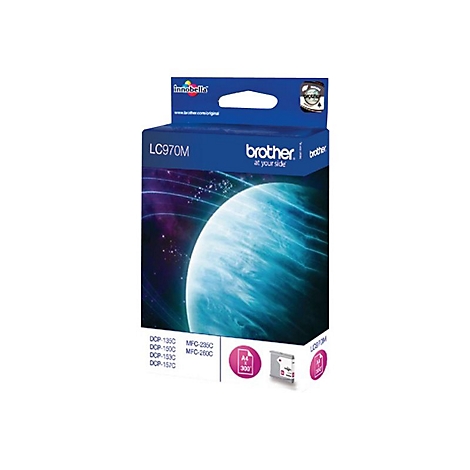 Verpackung einer Brother-Druckerpatrone mit Texten, Logo und Hintergrunddesign.
