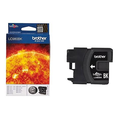 Schwarze Tintenpatrone und Verpackung von Brother. Die Verpackung zeigt eine Sonne, die Patrone den Namen LC980BK.