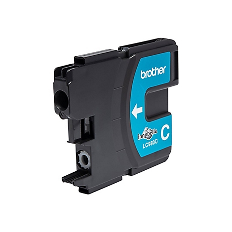 Schwarze Tintenpatrone von Brother, blaue Markierung mit Pfeil, Bezeichnung LC980C.