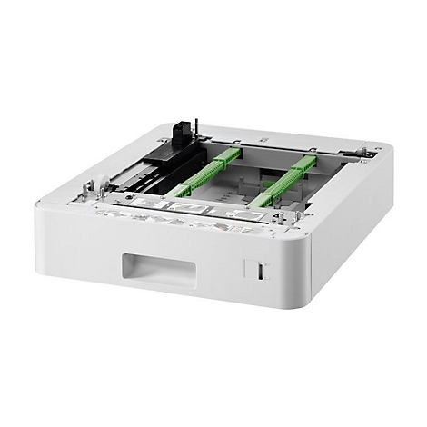 Weißes Gehäuse einer Maschine mit grünen Bauteilen, Aussparungen und schwarzen Elementen.