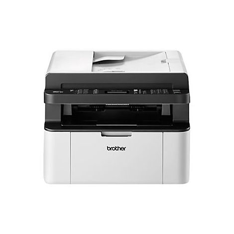 Ein weiß-schwarzer Drucker, Marke Brother, mit Papierausgabefach oben.
