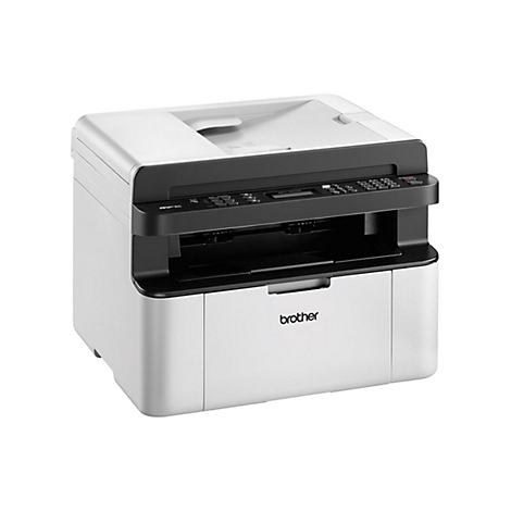 Weißer Brother-Multifunktionsdrucker. Oberseite mit Scanner. Schwarze Bedienleiste und Schublade, darunter. Brother-Logo.