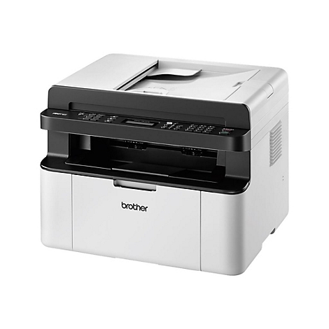 Weißer Multifunktionsdrucker mit schwarzem Bedienfeld. Das Logo "brother" ist auf der Front zu sehen.
