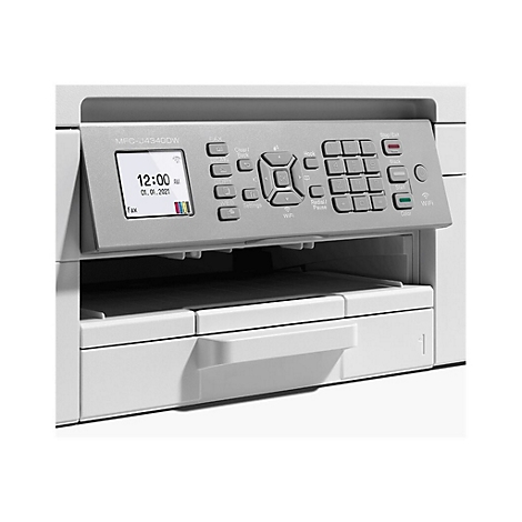 Nahaufnahme eines Druckers mit Bedienfeld und Display. Auf dem Display steht 12:00 Uhr AM, 01.01.2021 und Fax. Daneben Tasten und ein Papiereinzug.