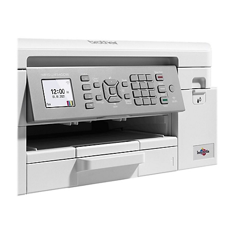 Ein weißer Brother Multifunktionsdrucker. Auf einem grauen Bedienfeld befinden sich Tasten und ein Display mit Uhrzeit und Datum.