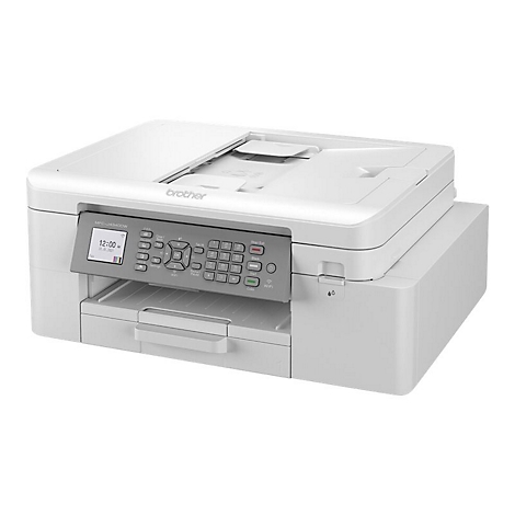 Weißer Brother-Multifunktionsdrucker mit Bedienfeld und Display.