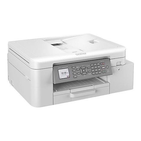 Weißer Multifunktionsdrucker von Brother, Display zeigt 12:00 Uhr an.