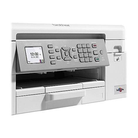 Weißer Multifunktionsdrucker mit Display und Bedienfeld. Uhrzeit: 12:00 Uhr. Datum: 01.01.2021. Brother-Logo.