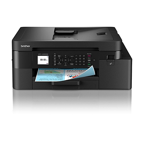 Schwarzer Brother MFC-J4350DW Multifunktionsdrucker mit Bedienfeld und ausgedrucktem Blatt Papier.