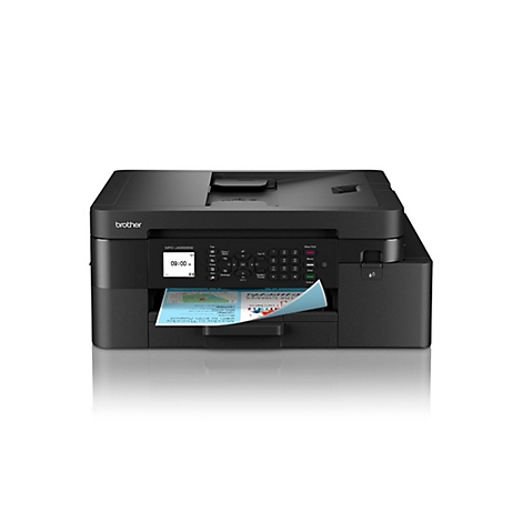 Schwarzer Brother MFC-J4350DW Multifunktionsdrucker mit Display, Tastenfeld und ausgedrucktem Blatt Papier.