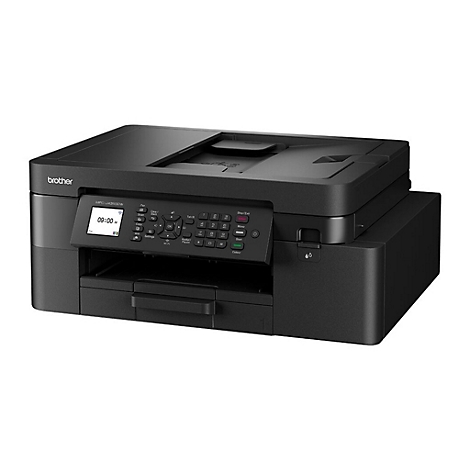 Schwarzer Drucker der Marke Brother, mit Bedienfeld und Display. Auf dem Display ist die Uhrzeit 09:00 zu sehen.