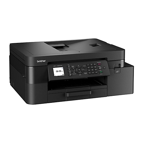 Schwarzer Brother Multifunktionsdrucker mit Display. Uhrzeit: 09:00 Uhr. Zahlentasten, Tasten mit Funktionen.