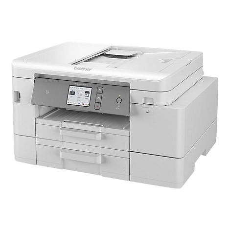 Ein weißer Brother-Multifunktionsdrucker mit Bedienfeld und Papierschubladen, auf weißem Hintergrund.