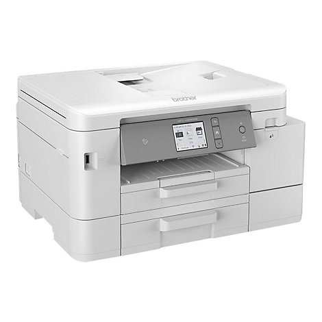 Weißer Brother-Multifunktionsdrucker mit Bedienfeld und zwei Papierschubladen. Auf dem Bedienfeld werden Informationen angezeigt.