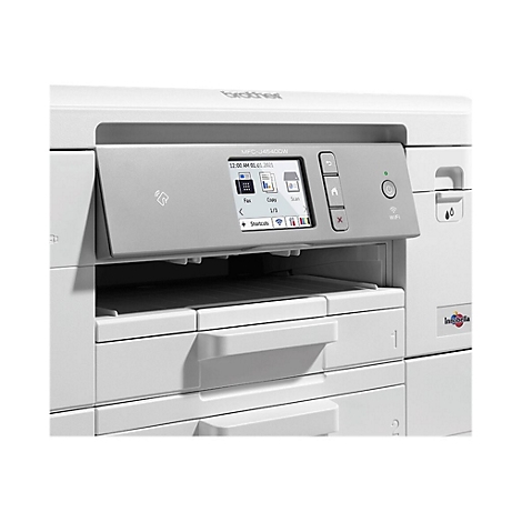 Detaillierte Ansicht eines weißen Brother-Multifunktionsdruckers mit Touchscreen und Bedienknöpfen. Der Bildschirm zeigt Optionen wie Fax, Kopie und Scan an.