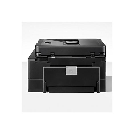 Schwarzer Multifunktionsdrucker in einer Frontalansicht vor weißem Hintergrund.