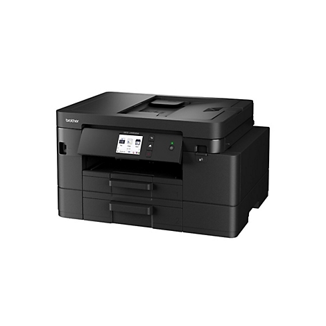 Schwarzer Brother MFC-J4550DW Multifunktionsdrucker mit zwei Papierkassetten und Touch-Display vor weißem Hintergrund.