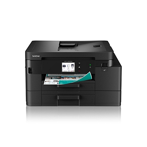 Schwarzer Brother MFC-J4550DW Multifunktionsdrucker mit zwei Papierfächern und einem farbigen Touchscreen-Display.