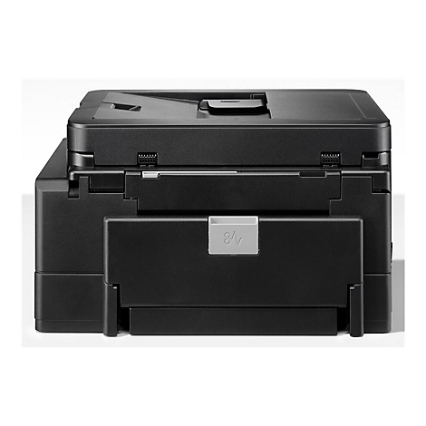 Schwarzer Drucker, Detailansicht der Rückseite. Grauer Papierauszug, oben eine Klappe.