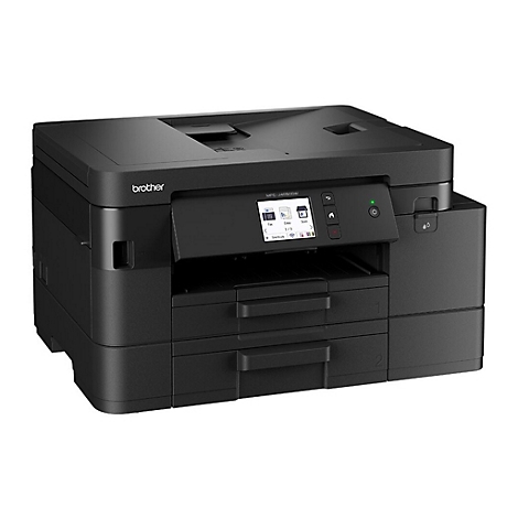 Schwarzer Brother-Multifunktionsdrucker. Bedienfeld mit Tasten und Display, darunter Papierschubladen.