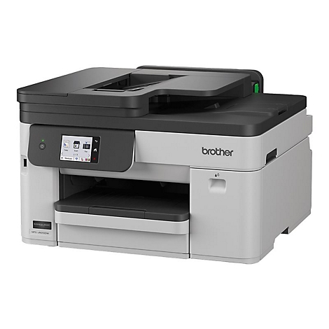 Grauer Brother Multifunktionsdrucker MFC-J6010DW mit Touchscreen-Display vor weißem Hintergrund.