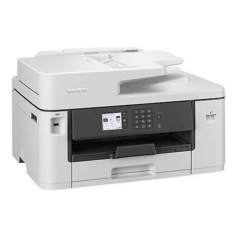Ein weißer Brother-Multifunktionsdrucker. Auf der schwarzen Bedienfläche befindet sich ein kleines Display und eine numerische Tastatur.