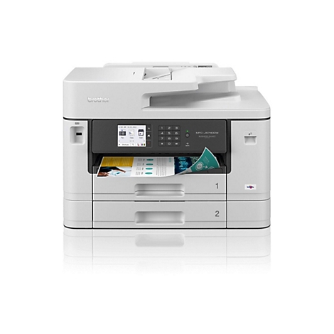 Weißer Brother Multifunktionsdrucker, Papierausgabe mit Ausdruck, Bedienfeld mit Uhrzeit und Datum.