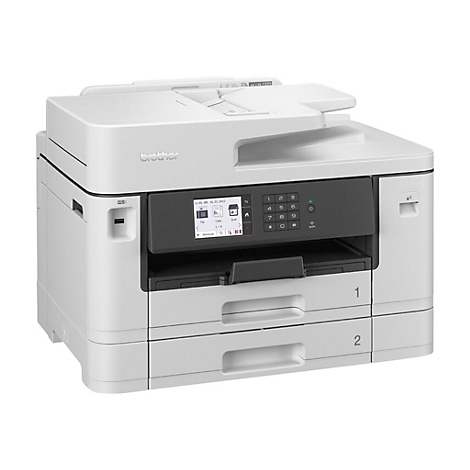 Ein weißer Brother-Multifunktionsdrucker. Auf dem Display Uhrzeit und Datum, Tastenfeld und Schubladen. Brother-Logo.