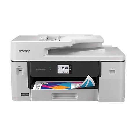 Weißer Brother MFC-J6760DW Multifunktionsdrucker mit Bedienfeld und ausgedrucktem Blatt Papier.