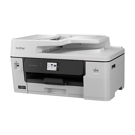 Weißer Brother Tintenstrahl-Multifunktionsdrucker vor neutralem Hintergrund.