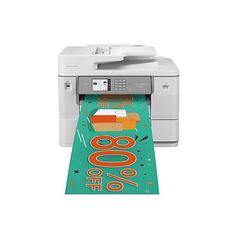 Weißer Drucker druckt ein Banner mit 80% Rabatt und Einkaufstaschen.