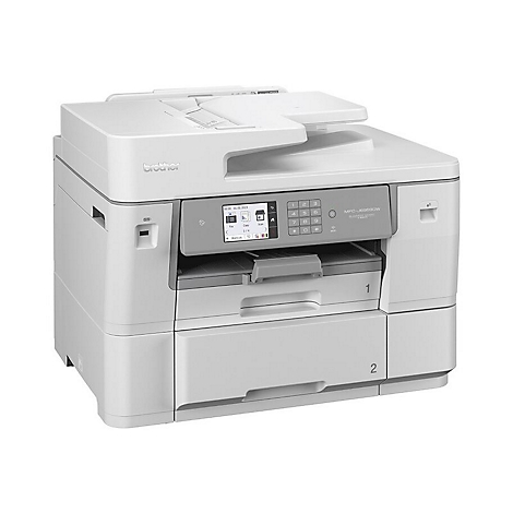 Ein weißer Brother-Multifunktionsdrucker, Modell MFC-J6950DW, auf weißem Hintergrund.