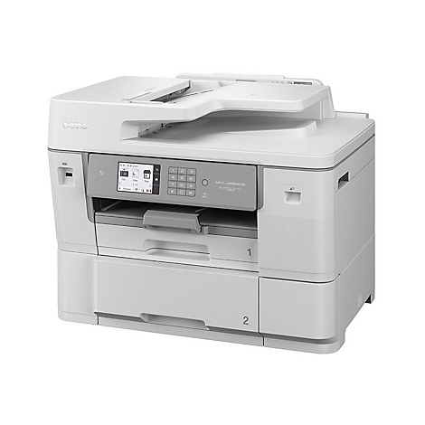 Ein weißer Multifunktionsdrucker mit Touchscreen-Display und numerischer Tastatur. Das Modell ist ein Brother MFC-J6959DW.