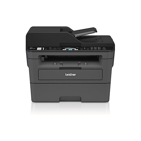 Schwarzer Brother Multifunktionsdrucker vor weißem Hintergrund. Druckerschublade mit Brother Schriftzug.