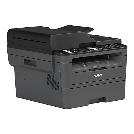 Schwarzer Brother Multifunktionsdrucker. Oben ein offener Scanner, darunter Bedienfeld und Papierauszug.