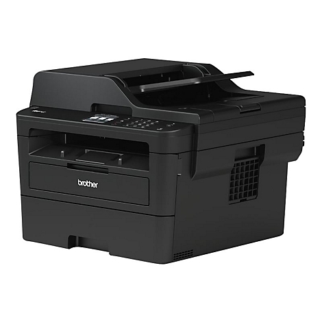 Schwarzer Brother Multifunktions-Laserdrucker mit Bedienfeld auf weißem Hintergrund.