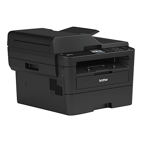 Schwarzer Brother Laserdrucker vor weißem Hintergrund.