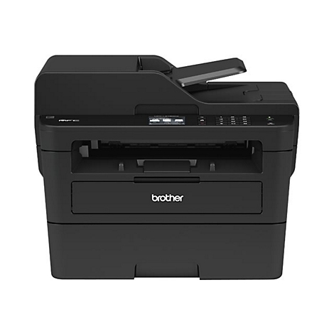 Schwarzer Brother Multifunktionsdrucker in der Frontansicht auf weißem Hintergrund.