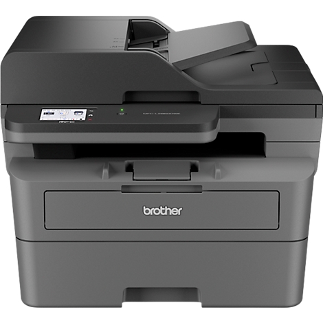 Grijze Brother multifunctionele printer. Papierinvoer, bedieningspaneel met klein display, open deksel.